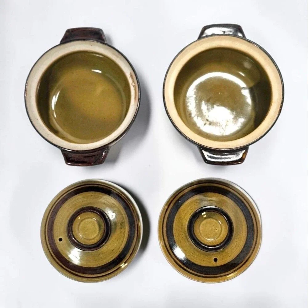 ​Vintage Stoneware Mini Casserole Crocks Set of 4 Avocado Green Brown Drip Glaze